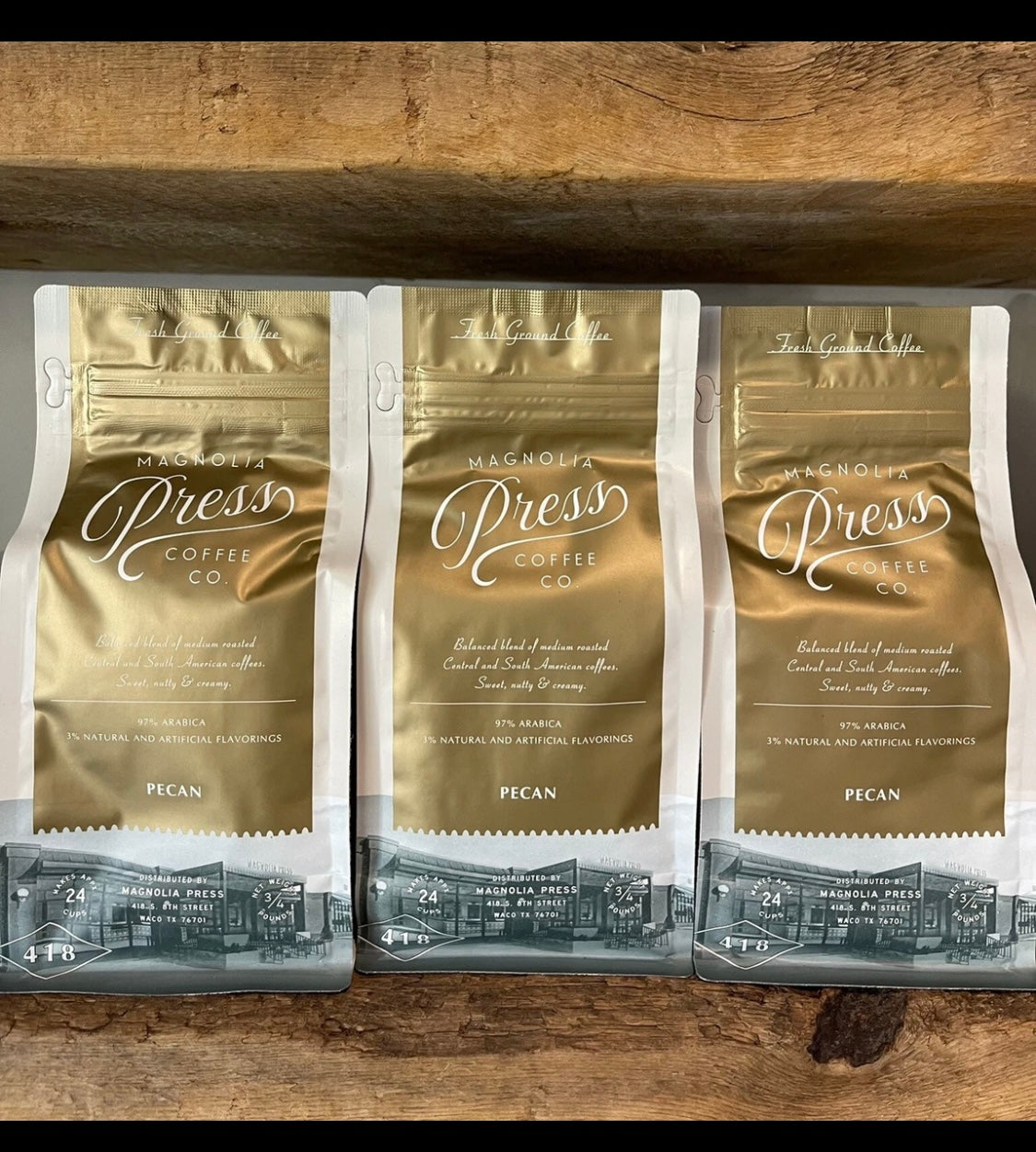 Magnolia Press Pecan Coffee – Arabica Medium Roast | Sweet, Nutty & Creamy Flavored Coffee – 3/4 lb Bag. Bundle of 3